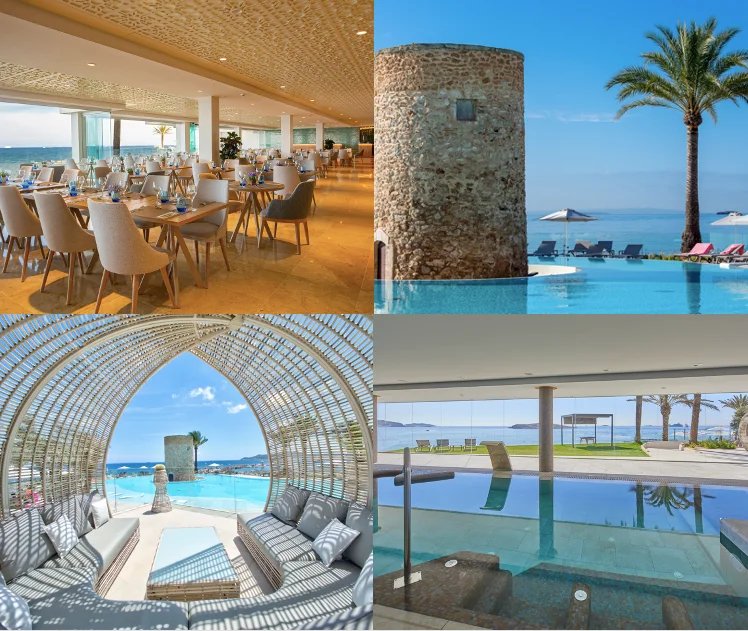 The IMPRINTS venue: sea-view restaurant, infinity pool with historic tower, cabana, and indoor spa pool